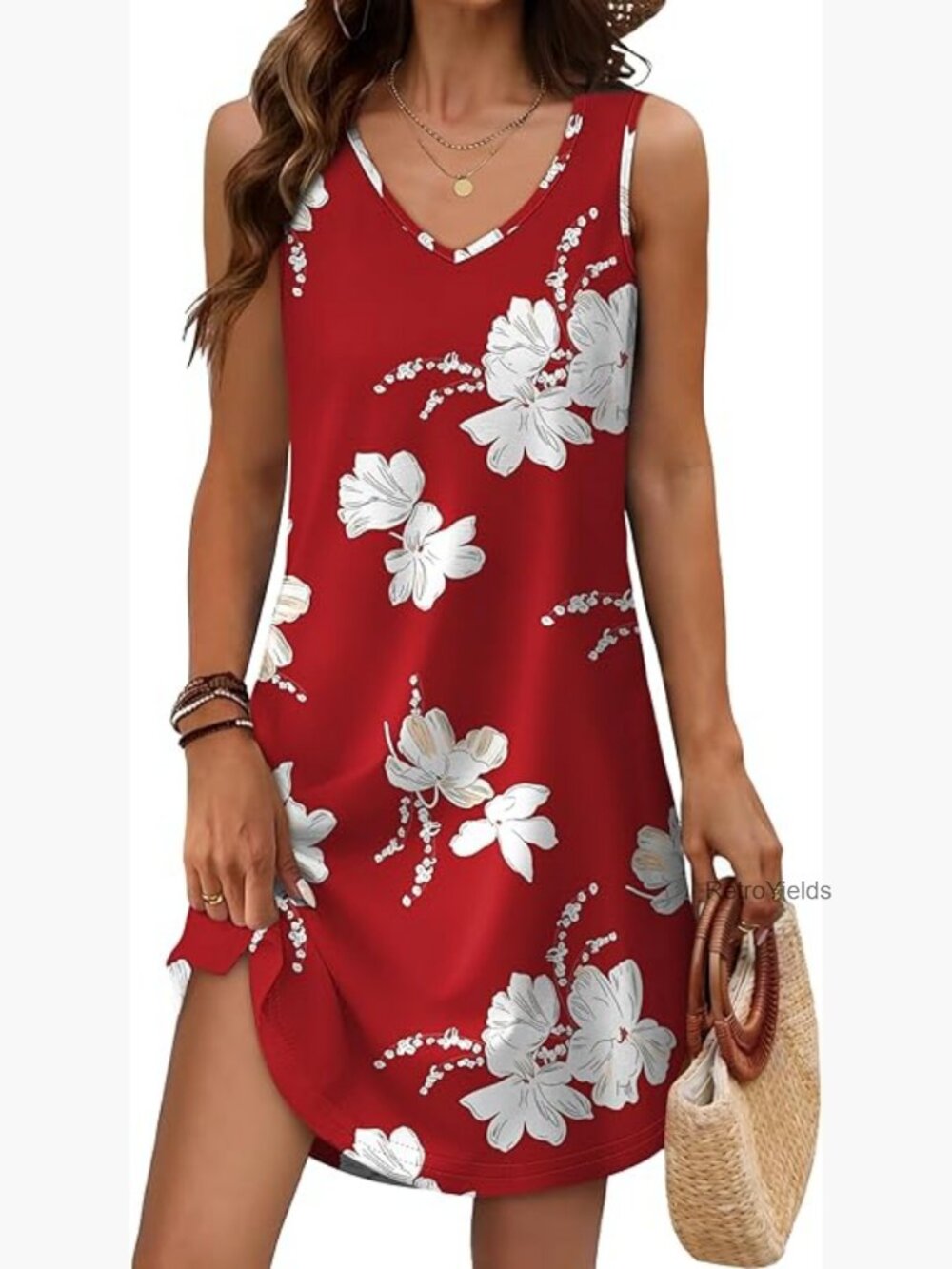 Women's Loose V-Neck Sleeveless Swing Midi Dress Summer